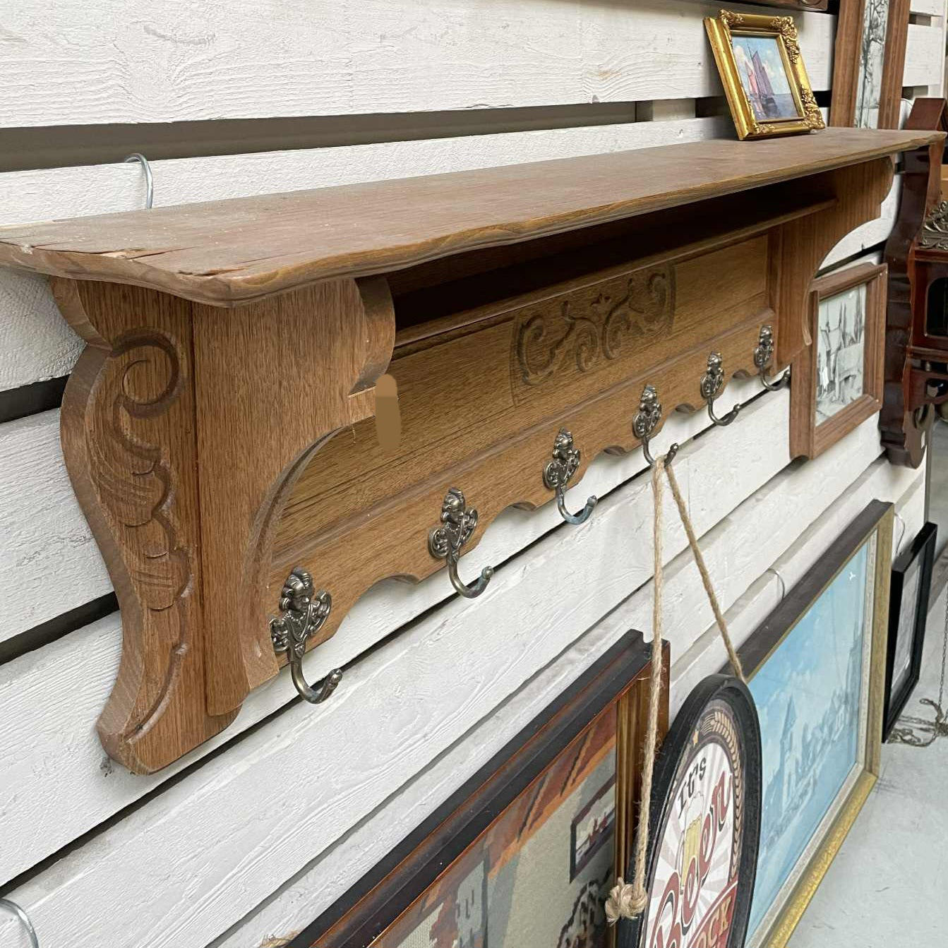 Vintage vesiak, drevo, kovov, 32x115x 19 cm